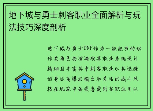 地下城与勇士刺客职业全面解析与玩法技巧深度剖析